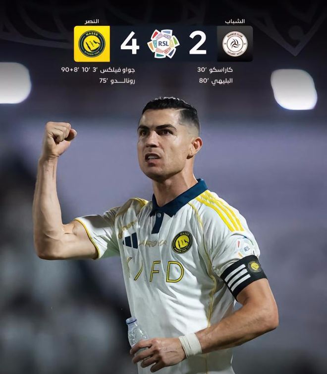 網上投注：4-2！41嵗C羅斬生涯第971球 率隊5分領跑 下輪擊敗新月即提前奪冠