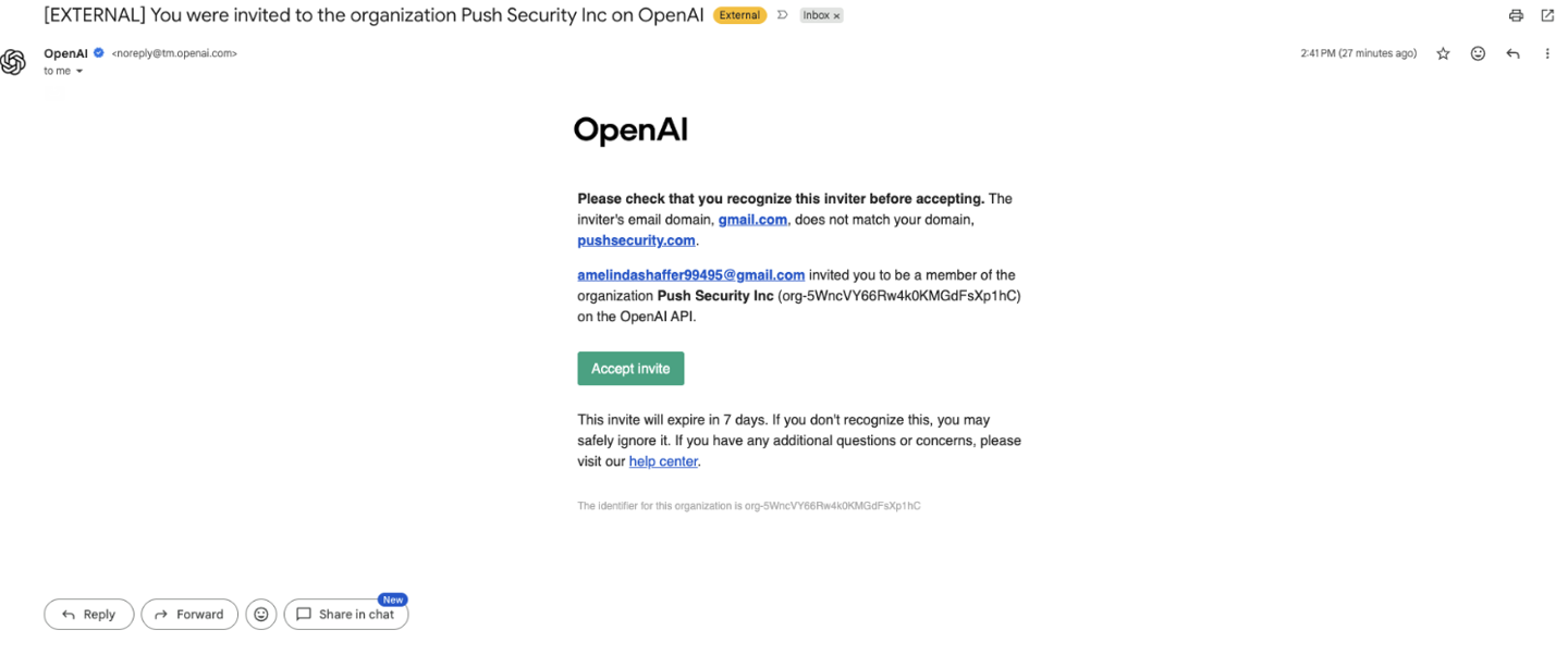 網上投注:安全公司曝光黑客濫用 OpenAI 組織邀請功能,對公司員工進行精準釣魚攻擊